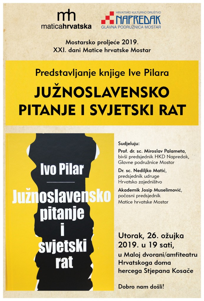  Sutra predstavljanje knjige dr. Ive Pilara 'Južnoslavensko pitanje i svjetski rat'